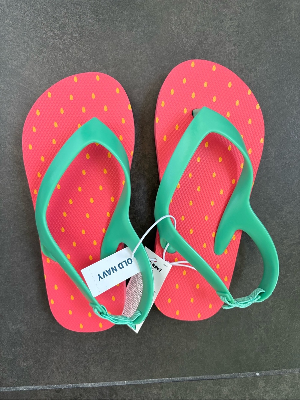 Old Navy Pink Flip Flops with Green Straps and Yellow Dot Print